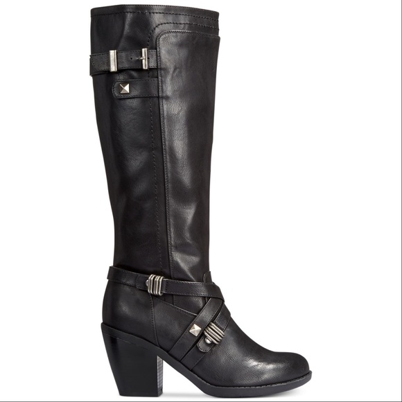 Black Knee High Tall Studded Block Heel Boots - Picture 5 of 5
